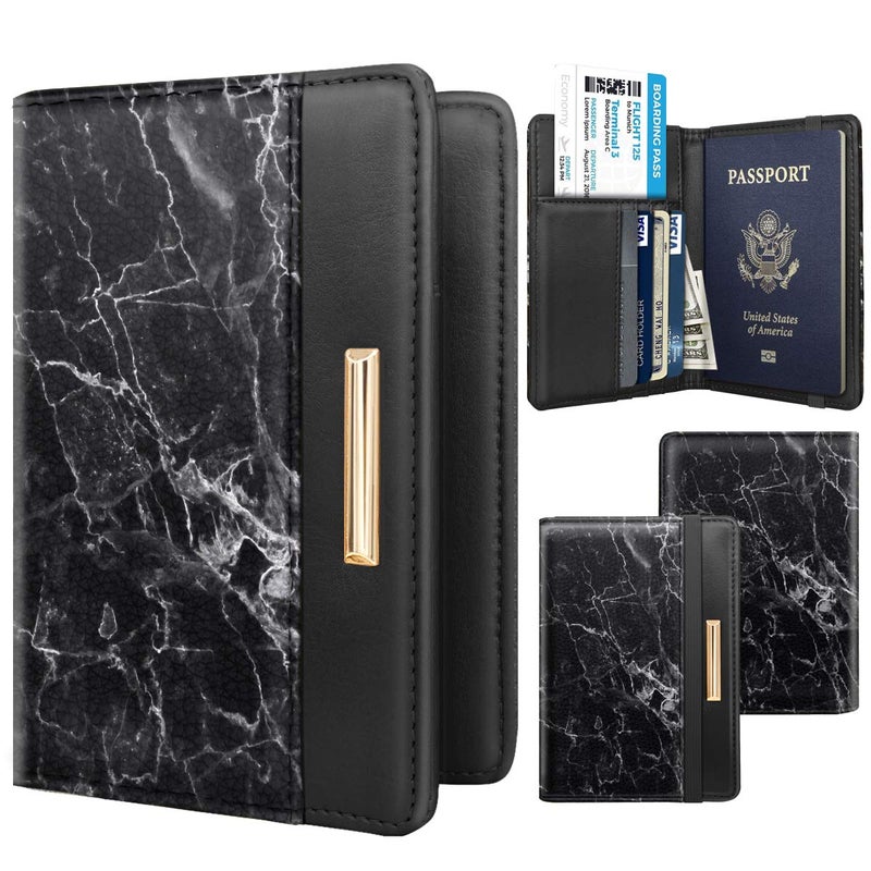 Coco Rossi Passport Holder Cover,Traveling Passport Case Cute Marble Passport Wallet for Women,Black Marble - Image 2